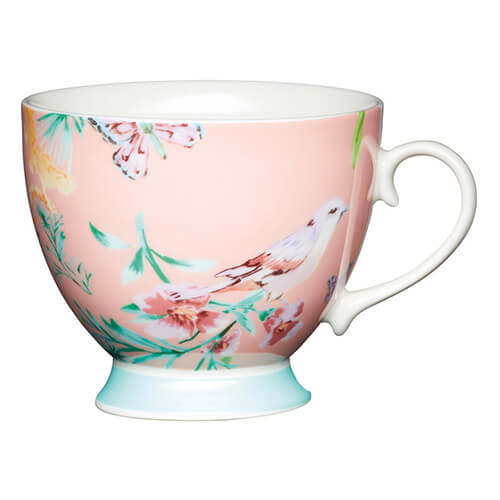 KitchenCraft China 400ml Footed Mug, Peach Birds
