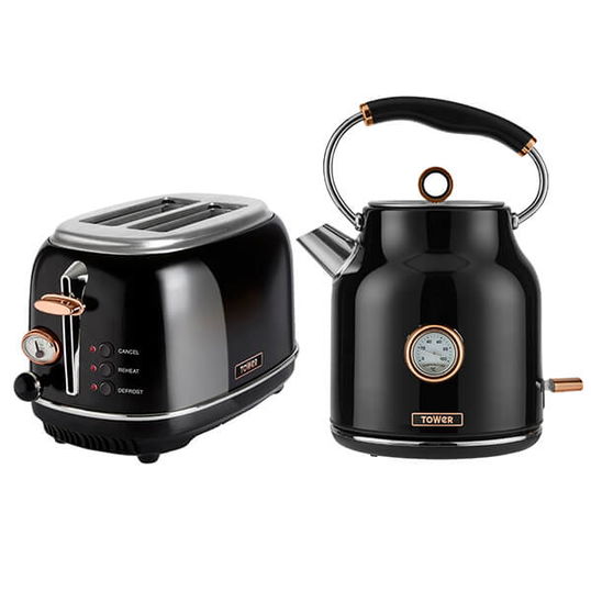 Tower Bottega Rose Gold Kettle and 2 Slice Toaster Set Black