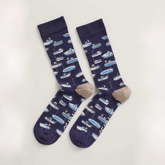 Seasalt Mens Bamboo Arty Socks Harbour Boats Dark Night Size 4-7