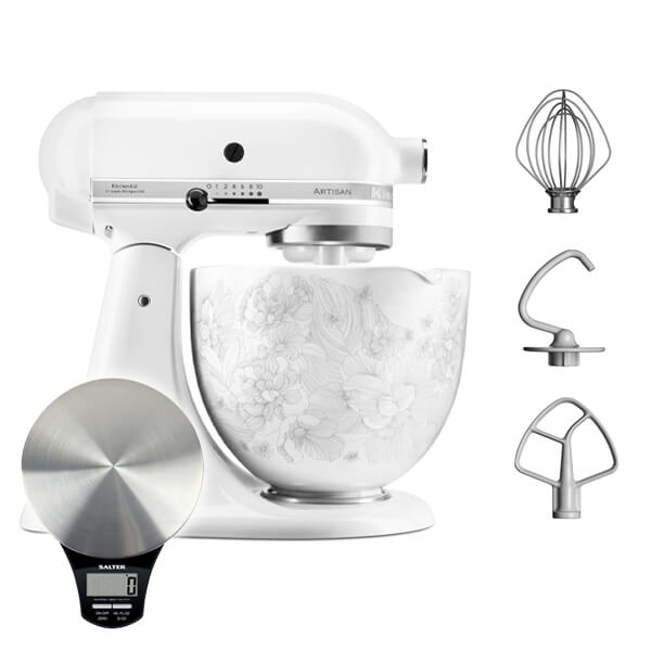 KitchenAid Artisan Mixer 156 White & Whisper Floral Ceramic Bowl with Free Gift