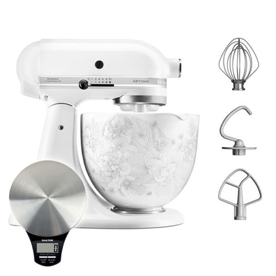 KitchenAid Artisan Mixer 156 White & Whisper Floral Ceramic Bowl with Free Gift