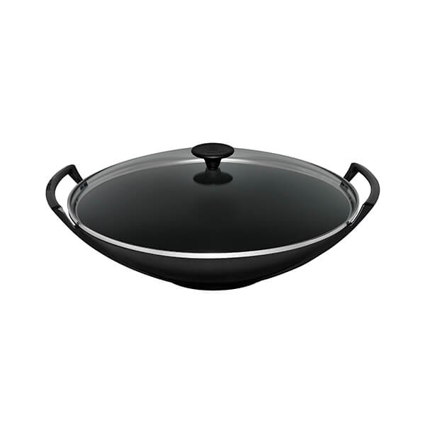 Le Creuset Satin Black Cast Iron Wok and Glass Lid