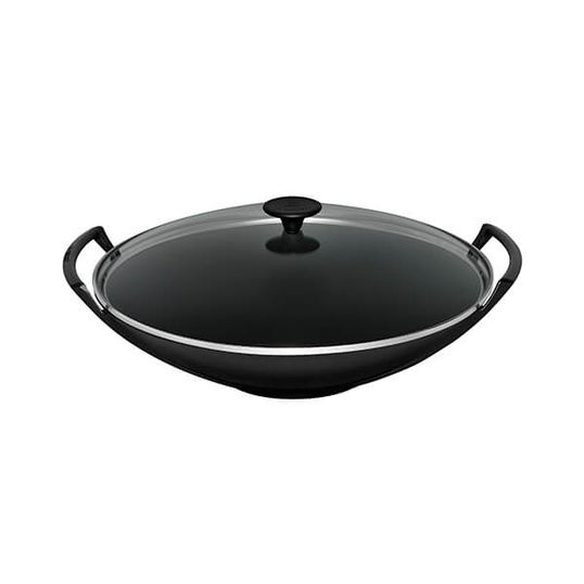 Le Creuset Satin Black Cast Iron Wok and Glass Lid