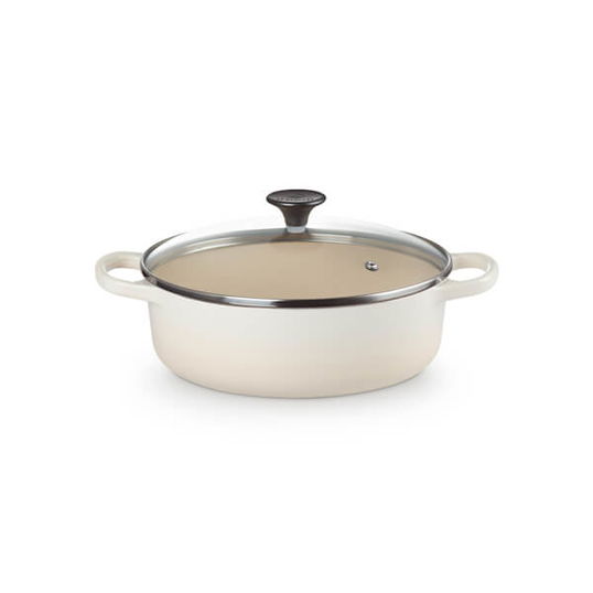 Le Creuset Meringue Cast Iron 24cm Shallow Casserole With Glass Lid 3.1L