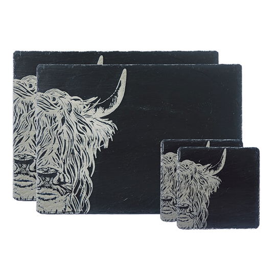 The Just Slate Company Highland Cow Slate Coaster & Place Mat Set