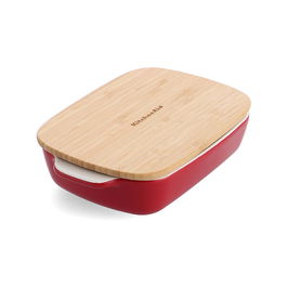 KitchenAid Empire Red Small 20cm Stoneware Rectangular Dish with Bamboo Lid