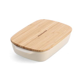 KitchenAid Almond Cream Small 20cm Stoneware Rectangular Dish with Bamboo Lid