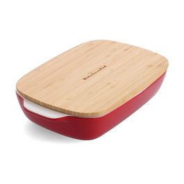 KitchenAid Empire Red Medium 26cm Stoneware Rectangular Dish with Bamboo Lid