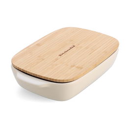 KitchenAid Almond Cream Medium 26cm Stoneware Rectangular Dish with Bamboo Lid