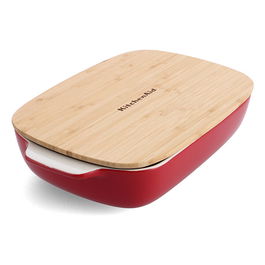 KitchenAid Empire Red Large 32cm Stoneware Rectangular Dish with Bamboo Lid