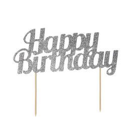 Anniversary House Glitter Happy Birthday Cake Topper Silver