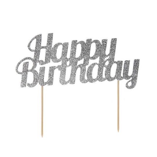 Anniversary House Glitter Happy Birthday Cake Topper Silver