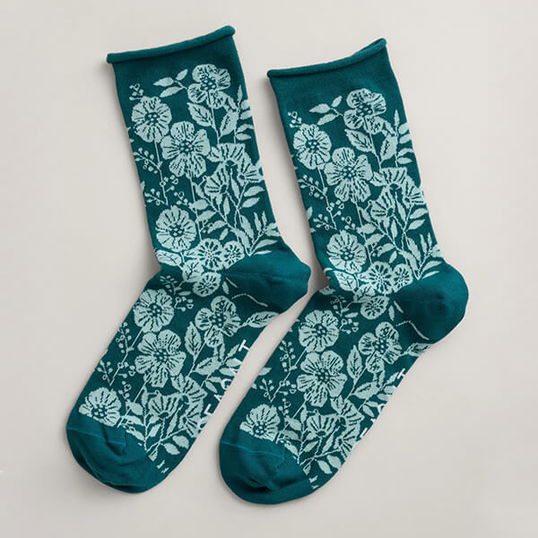 Seasalt Womens Arty Socks Lace Floral Dark Fern
