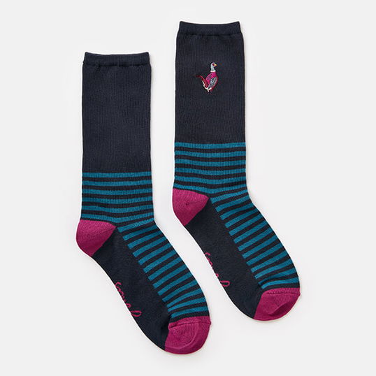 Joules Navy Pheasants Excellent Everyday Embroidered Socks Size 4-8