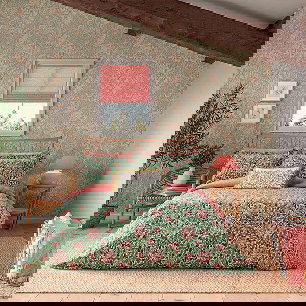 Morris & Co Honeysuckle Duvet Cover Set Double Evergreen & Coral