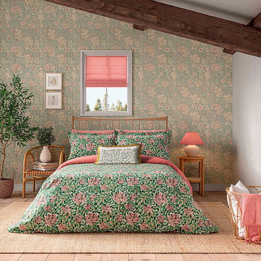 Morris & Co Honeysuckle Duvet Cover Set King Size Evergreen & Coral