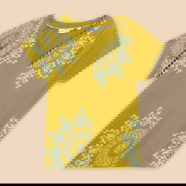 White Stuff Nelly Notch Neck T-Shirt Chartreuse Print