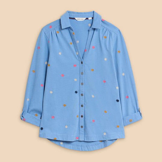 White Stuff Annie Embroidered Jersey Shirt Blue Multi