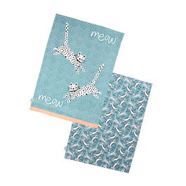 Dexam Recycled Cotton Meow Set of 2 Tea Towels Blue