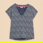 White Stuff Ivy Linen V Neck T-Shirt Blue Print