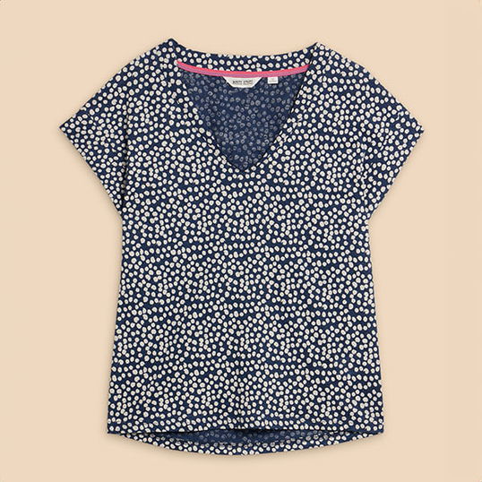 White Stuff Ivy Linen V Neck T-Shirt Blue Print