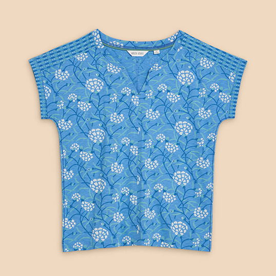 White Stuff Nelly Notch Neck T-Shirt Blue Print