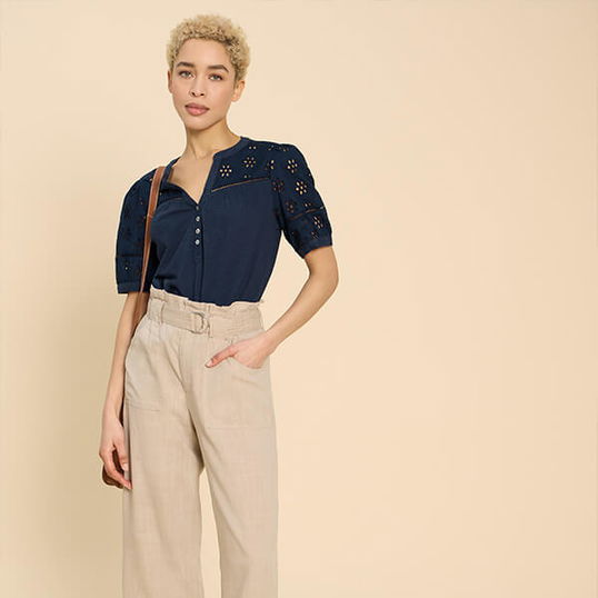 White Stuff Bella Broderie Mix Top French Navy