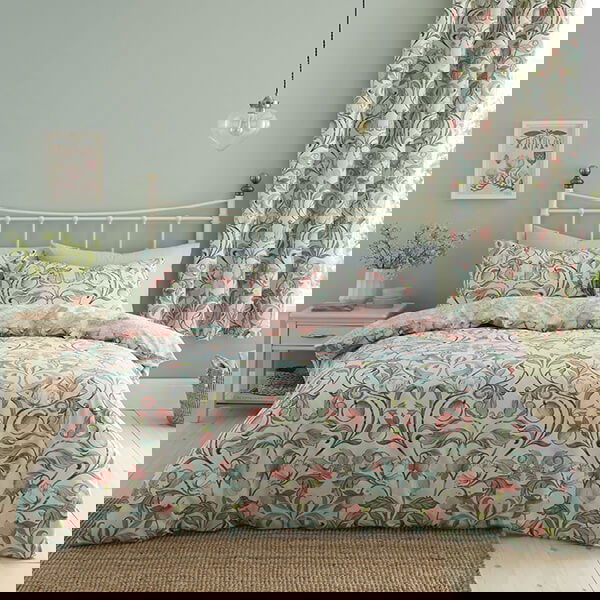 Catherine Lansfield Clarence Floral King Duvet Set Natural Green