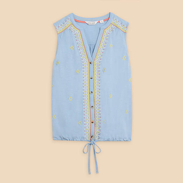 White Stuff Tulip Jersey Sleeveless Shirt Blue Multi