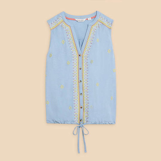 White Stuff Tulip Jersey Sleeveless Shirt Blue Multi