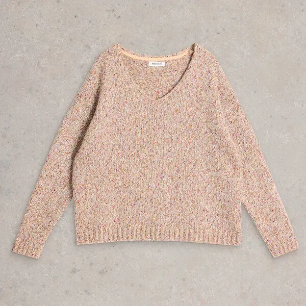 White Stuff Textured V Neck Jumper Natural Multi