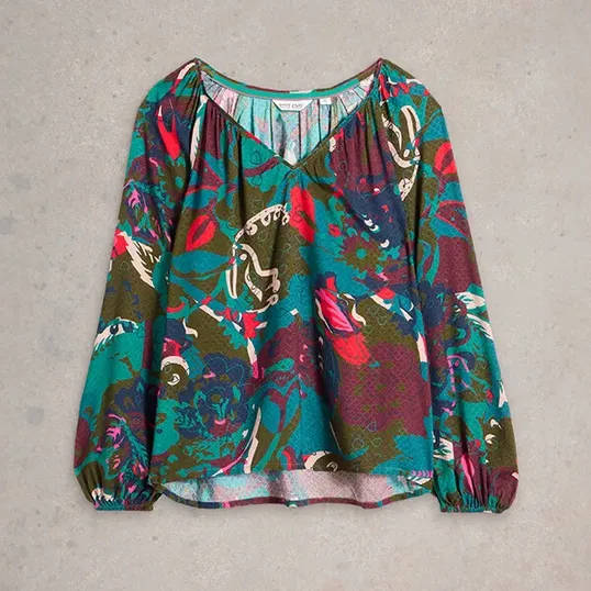 White Stuff Imogen Top Green Print