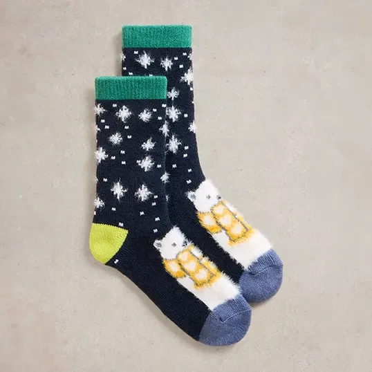 White Stuff Cosy Polar Bear Cabin Socks Navy Multi