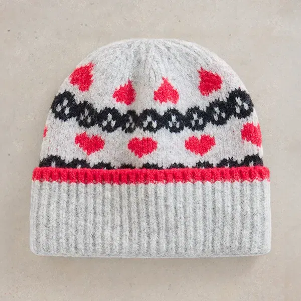 White Stuff Heart Fairisle Beanie Grey Multi