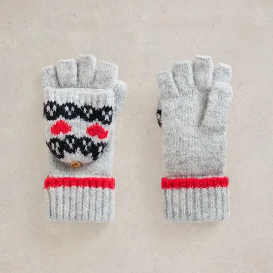 White Stuff Heart Fairisle Flip Mittens Grey Multi