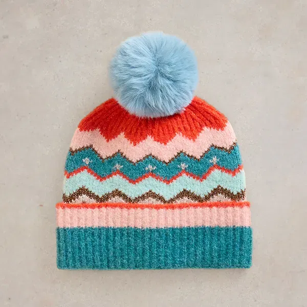 White Stuff Zig Zag Fairisle Beanie Teal Multi