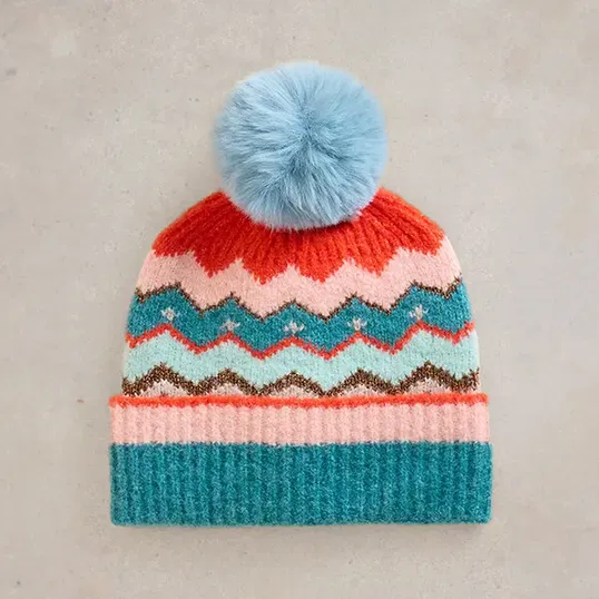 White Stuff Zig Zag Fairisle Beanie Teal Multi