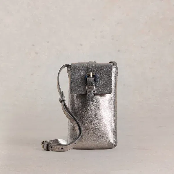 White Stuff Clara Buckle Leather Phone Bag Pewter Metallic