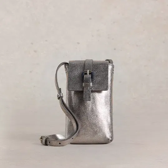 White Stuff Clara Buckle Leather Phone Bag Pewter Metallic