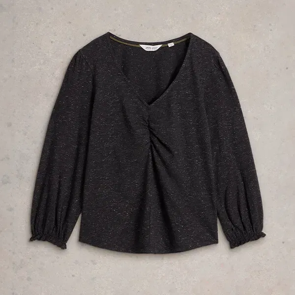 White Stuff Sparkle Ruched Front Top Charcoal Grey