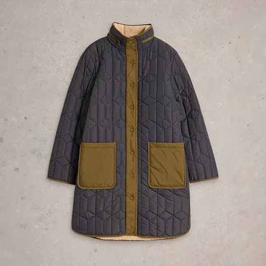 White Stuff Carmel Borg Lined Quilted Coat Dark Grey